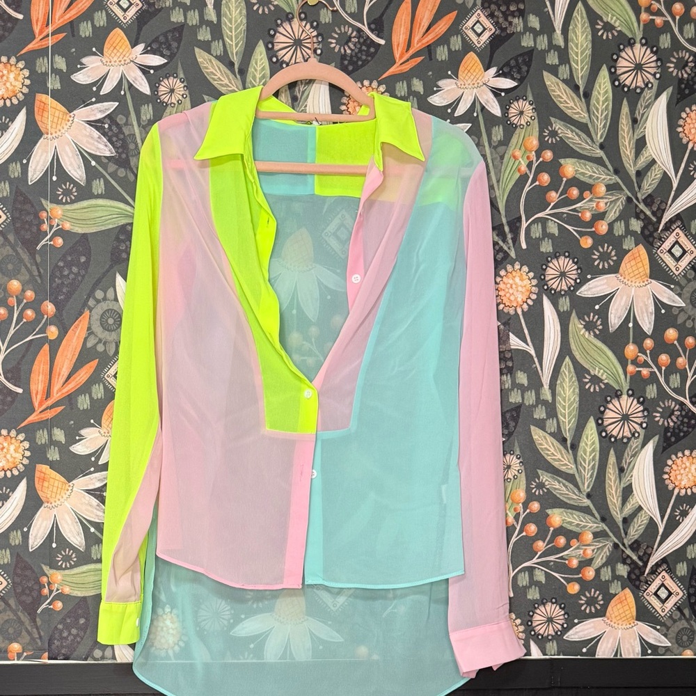 Fashion Nova Pink and Green Asymmetrical Long Sleeve Blouse